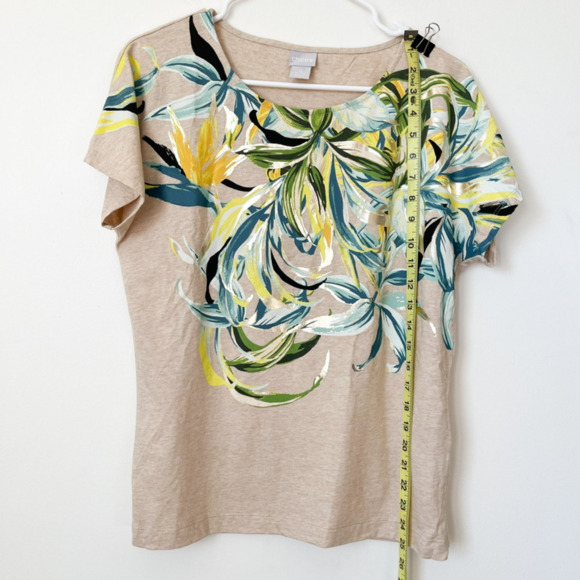 Chico's Tan Tropical Floral Metallic Short Sleeve Tee Top Womens Small - Picture 5 of 9